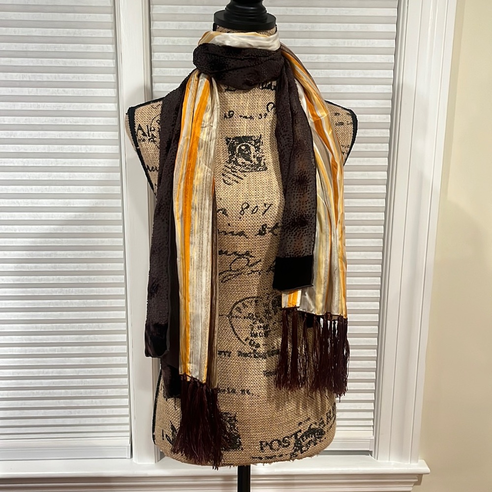 Striped Scarf w/ Tassels and Brown Velvety Scarf